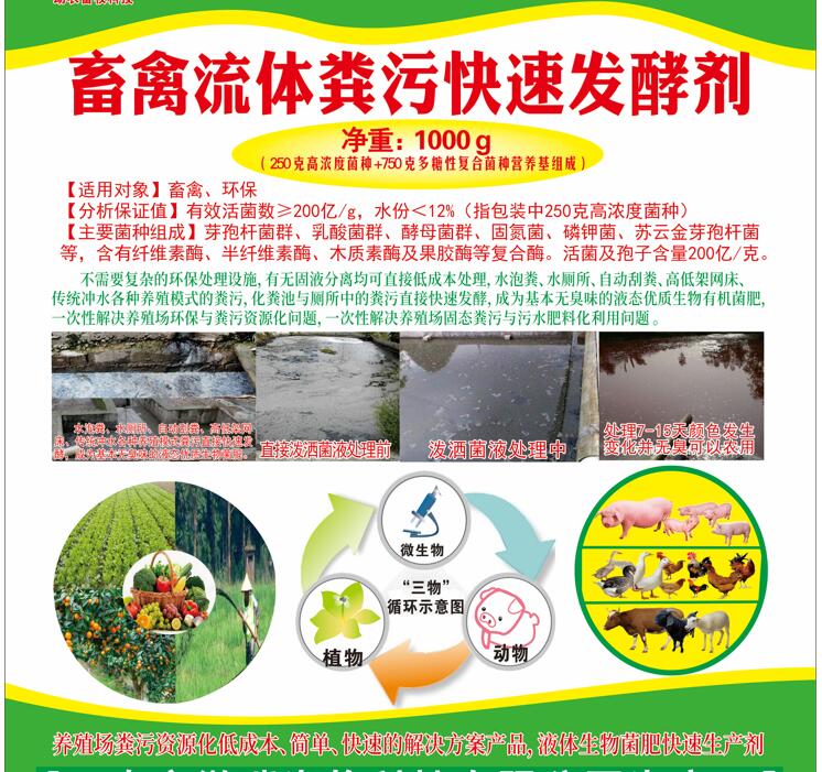 流體糞污快速發酵活菌劑——畜禽流體糞污快速發酵劑、高濃度廢水快速除臭發酵劑、廚余垃圾廢水除臭發酵劑、低成本解決養殖場與農產品加工環保問題的方案產品